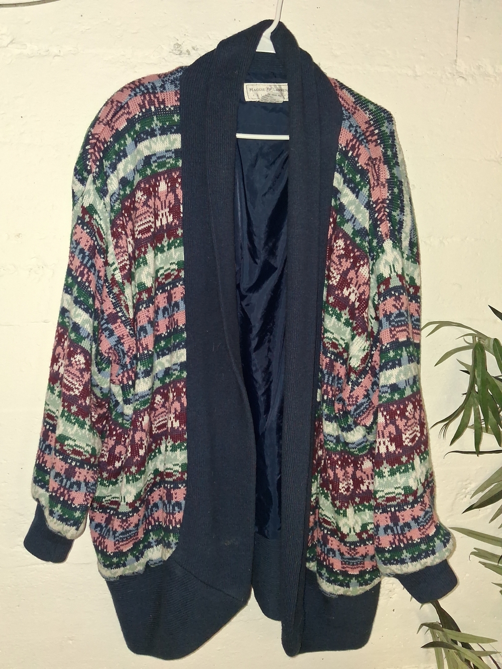 Vintage Patterned Open-Front Womens Cardigan Sweater - Navy Trim